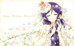  1girl cherry_blossoms crown floral_print flower hair_flower hair_ornament japanese_clothes karamoneeze kimono long_hair long_sleeves love_live!_school_idol_project mini_crown off_shoulder petals purple_hair smile solo toujou_nozomi upper_body very_long_hair wide_sleeves 