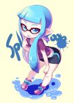  1girl bent_over bike_shorts blue_eyes blue_hair blueberry_(5959) finger_to_mouth hand_on_knee highres inkling long_hair mask pointing pointing_at_self pointy_ears shoes sneakers solo splatoon t-shirt tentacle_hair tongue tongue_out 