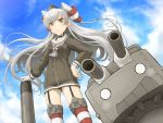  1girl amatsukaze_(kantai_collection) black_panties blue_sky blush brown_eyes clouds cowboy_shot dress garter_straps gloves hair_tubes hand_on_hip highres kantai_collection long_hair long_sleeves looking_at_viewer outdoors panties qome rensouhou-kun sailor_dress see-through short_dress silver_hair single_glove sky small_breasts solo standing striped striped_legwear thigh-highs torpedo two_side_up underwear white_gloves 