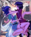  2girls ankle_socks bare_legs belt black_hair blue_dress blue_eyes blue_hair breasts cherry_blossoms chinese_clothes dress eliskalti eye_contact flat_cap folded_leg hagoromo hair_ornament hair_rings hair_stick hat high_heels kaku_seiga leg_lift looking_at_another miyako_yoshika multiple_girls ofuda profile ribbon shawl short_hair short_sleeves star tombstone touhou tree_branch yuri 