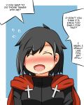  1girl black_hair blush cape closed_eyes lunarisaileron open_mouth red_cape ruby_rose rwby short_hair solo 