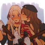  2girls artist_name black_headwear blush broken broken_weapon brown_hair cheek_kiss closed_eyes commentary dorothea_arnault ear_blush earrings edelgard_von_hresvelg english_commentary fire_emblem fire_emblem:_three_houses garreg_mach_monastery_uniform gloves hand_on_another&#039;s_shoulder hat holding holding_weapon jewelry kiss long_hair long_sleeves multiple_girls ujugn upper_body violet_eyes weapon white_gloves white_hair yuri 