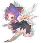  1girl alternate_color black_dress cirno dress full_body hair_ornament hair_ribbon ice ice_wings keemoringo looking_at_viewer outstretched_arms player_2 puffy_sleeves purple_hair red_eyes ribbon shoes short_hair short_sleeves simple_background smirk socks solo symbol-shaped_pupils touhou vest white_background white_legwear wings 
