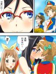  !! 4girls ahoge band_uniform black_hair blue_eyes blush bow brown_eyes brown_hair comic glasses gloves hair_bow hat hibike!_euphonium highres karuta_(karuta01) katou_hazuki kawashima_sapphire kiss long_hair multiple_girls open_mouth pom_poms tanaka_asuka translation_request white_gloves yoshikawa_yuuko yuri 