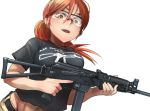  1girl akx-9 assault_rifle didloaded goggles gun long_hair looking_at_viewer open_mouth orange_eyes orange_hair original ponytail rifle simple_background solo trigger_discipline weapon 