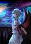  1girl arm_behind_back balcony bat_wings blue_hair head_tilt highres light_frown looking_at_viewer mob_cap outstretched_hand red_eyes remilia_scarlet short_hair short_sleeves skirt skirt_set sky solo star_(sky) starry_sky thcapenxer1234 touhou wings wrist_cuffs 