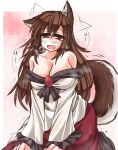  1girl animal_ears breasts brooch brown_eyes brown_hair cleavage ear_wiggle fang heavy_breathing imaizumi_kagerou jewelry large_breasts long_sleeves mumumu off_shoulder open_mouth shirt sitting skirt smile solo sweat tail touhou werewolf wide_sleeves wolf_ears wolf_tail 