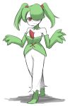  1girl 9696_(kurokuro) alternate_hairstyle bare_shoulders between_breasts breasts detached_collar detached_sleeves full_body fusion gardevoir green_hair green_legwear hair_over_one_eye highres long_hair pokemon red_eyes sleeves_past_wrists solo squigly_(skullgirls) standing stitched_mouth twintails white_skin 