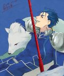  1boy blue_hair fate/stay_night fate_(series) gae_bolg lancer polearm ponytail pukkun-apple red_eyes solo spear weapon wolf 
