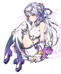  1girl bell breasts cat_hair_ornament china_dress chinese_clothes double_bun dress esu_(transc) hair_ornament haku_(p&amp;d) impossible_clothes impossible_dress jingle_bell long_hair multicolored_hair orange_eyes petals purple_hair puzzle_&amp;_dragons solo tail tiger_tail two-tone_hair white_hair 