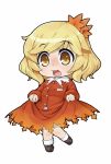  1girl aki_shizuha blonde_hair chibi dress hair_ornament leaf_hair_ornament long_sleeves looking_at_viewer open_mouth red_dress short_hair shou_moeboshi simple_background skirt_hold solo standing_on_one_leg touhou white_background yellow_eyes 