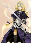  1girl armor armored_dress blonde_hair braid capelet dress fate/apocrypha fate_(series) gauntlets headpiece highres long_hair ruler_(fate/apocrypha) single_braid solo sword thigh-highs violet_eyes weapon 