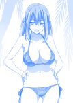  1girl bikini blue breasts hands_on_hips himura_kiseki large_breasts long_hair looking_at_viewer monochrome open_mouth original palm_tree side-tie_bikini solo swimsuit tree twintails 
