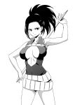  &gt;:( 1girl bodysuit boku_no_hero_academia breasts center_opening cleavage covered_navel frown highres kiyosumi_hurricane large_breasts long_hair midriff monochrome ponytail simple_background solo white_background yaoyorozu_momo 