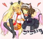  2girls ;d animal_ears black_hair black_legwear blonde_hair blush cat_ears cat_tail curly_hair cyan_(show_by_rock!!) denchu_(kazudentyu) dog_tail eye_contact glasses green_eyes hair_ribbon heart highres long_hair looking_at_another multiple_girls necktie one_eye_closed open_mouth pink_background retoree ribbon short_hair show_by_rock!! simple_background smile striped striped_legwear tail thigh-highs twintails very_long_hair yellow_eyes yuri zettai_ryouiki 