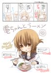  &gt;_&lt; 2015 2girls anchor_symbol bangs blush bowl brown_eyes brown_hair chestnut_mouth chopsticks comic dated eating flat_cap flying_sweatdrops folded_ponytail food hat hibiki_(kantai_collection) inazuma_(kantai_collection) kantai_collection long_sleeves meat multiple_girls narita_rumi neckerchief noodles open_mouth ponytail ramen school_uniform serafuku spoon steam translation_request twitter_username wavy_mouth white_background 