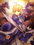  1girl ahoge armor armored_dress blonde_hair clouds deanna dress excalibur fate/stay_night fate_(series) gauntlets green_eyes highres rain saber solo 