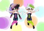 2girls ;d black_hair brown_eyes callie_(splatoon) cousins dress gloves green_legwear ikasane_k long_hair marie_(splatoon) mask mole mole_under_eye one_eye_closed open_mouth pantyhose pixel_art purple_legwear short_hair silver_hair smile splatoon strapless_dress symmetry tentacle_hair unitard white_gloves