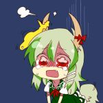  1girl chibi crying ex-keine fang green_hair horn_ribbon horns kamishirasawa_keine long_hair open_mouth red_eyes ribbon six_(fnrptal1010) solo tail tears touhou wavy_eyes 