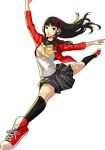  1girl amagi_yukiko black_hair brown_eyes cardigan hairband headphones jumping long_hair official_art persona persona_4 persona_4:_dancing_all_night school_uniform simple_background soejima_shigenori split transparent_background white_background 