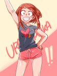  1girl bike_shorts boku_no_hero_academia brown_eyes brown_hair casual revision shirt short_hair silverstar017 smile uraraka_ochako 