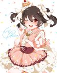  1girl ;d \m/ black_hair blush character_name collared_shirt confetti cupcake double_\m/ dress food food_on_head heart love_live!_school_idol_project object_on_head one_eye_closed open_mouth purin0 red_eyes shirt smile solo twintails vertical-striped_dress vertical_stripes yazawa_nico 