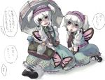  1boy 1girl agitha arm_support bag bakura_ryou beads boots brown_eyes butterfly butterfly_wings colored commentary_request crossdressinging eyelashes facepaint finger_to_mouth gloves holding_umbrella maid_headdress neko_daisuki open_mouth otoko_no_ko red_eyes short_twintails silver_hair sitting sketch smile speech_bubble the_legend_of_zelda translation_request twintails umbrella wariza white_legwear wings yuu-gi-ou yuu-gi-ou_duel_monsters 