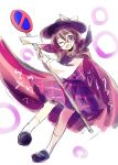  1girl brown_eyes brown_hair cape dress glasses hat hat_ribbon long_sleeves makuwauri one_eye_closed open_mouth purple_dress red-framed_glasses ribbon road_sign shirt sign smile solo touhou usami_sumireko 