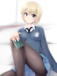  1girl absurdres backlighting black_legwear blonde_hair blue_eyes braid darjeeling girls_und_panzer head_tilt highres necktie nksk notebook pantyhose school_uniform sitting skirt smile solo sweater 