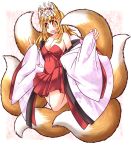  animal_ears bell blonde_hair detached_sleeves dress fang fox_ears fox_tail hair_bell hair_ornament highres inari_(sennen_sensou_aigis) long_sleeves multiple_tails mumumu open_mouth red_dress sennen_sensou_aigis smile tail touhou wide_sleeves yellow_eyes 