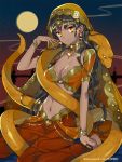  1girl blonde_hair bracelet breasts choker cleavage copyright copyright_request dark_skin earrings jewelry long_hair looking_at_viewer mami_(apsaras) official_art original revealing_clothes ring smile snake solo tan yellow_eyes 