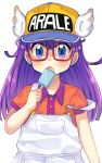  1girl :o blue_eyes dr._slump eating glasses highres holding kurono_nekomaru long_hair looking_at_viewer norimaki_arale off_shoulder open_mouth overalls popsicle purple_hair short_sleeves simple_background solo upper_body white_background winged_hat 