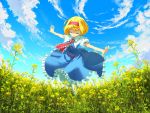  1girl alice_margatroid blonde_hair blue_sky capelet closed_eyes clouds field flower flower_field frilled_skirt frills hairband head_tilt naox outdoors outstretched_arms pantyhose peaceful puffy_short_sleeves puffy_sleeves ribbon short_hair short_sleeves skirt sky smile solo spread_arms touhou white_legwear 