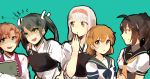  akigumo_(kantai_collection) akizuki_(kantai_collection) bandaid black_hair brown_eyes brown_hair green_eyes hairband japanese_clothes kantai_collection long_hair muneate oboro_(kantai_collection) pomuta_(tama922) ponytail short_hair shoukaku_(kantai_collection) silver_hair sketchbook twintails uniform zuikaku_(kantai_collection) 