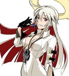  1girl black_gloves bodysuit breasts candy center_opening cross cross_necklace gloves grin guilty_gear guilty_gear_xrd halo jack-o_(guilty_gear) lollipop long_hair multicolored_hair red_eyes redhead sideboob smile solo two-tone_hair unu_(unucence) white_hair 