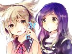  2girls bare_shoulders blonde_hair brown_eyes earmuffs gradient_hair head_tilt hijiri_byakuren light_brown_hair long_hair looking_at_another makuwauri multicolored_hair multiple_girls open_mouth purple_hair short_hair simple_background sleeveless touhou toyosatomimi_no_miko turtleneck two-tone_hair upper_body white_background yellow_eyes 