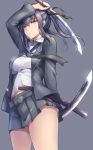  1girl arm_up black_eyes black_hair blazer dual_wielding hair_between_eyes hakama_skirt kodachi long_hair looking_at_viewer midriff miniskirt necktie original panties pleated_skirt school_uniform sheath shinon_(tokage_shuryou) short_sword simple_background skirt solo sword twintails underwear weapon white_panties zipper 