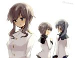  2girls brown_eyes brown_hair dual_persona kodamari long_sleeves military military_uniform multiple_girls open_mouth payot ponytail sakamoto_mio school_uniform serafuku simple_background smile strike_witches takei_junko twitter_username uniform white_background younger 