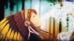 1girl anime_coloring bangs blurry brown_hair closed_eyes depth_of_field eyelashes forest head_back headdress long_hair native_american native_american_headdress nature omar_enm original parted_lips profile smoke smoking solo teeth traditional_clothes upper_body 