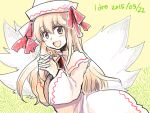  1girl blonde_hair dated dress hat interlocked_fingers lily_white long_hair ribbon smile solo tako_(plastic_protein) touhou wings 