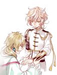  2boys aiguillette blonde_hair fhalei male_focus military military_uniform monoyoshi_sadamune multiple_boys pink_hair saniwa_(touken_ranbu) simple_background touken_ranbu uniform white_background yellow_eyes 