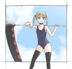  1girl blonde_hair colored coupon green_eyes maka_albarn navel school_swimsuit scythe solo soul_eater swimsuit thigh-highs twintails weapon 