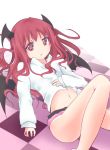  1girl checkered checkered_floor demon_wings head_wings heart heart-shaped_pupils koakuma lying mickeysmith navel on_back panties pink_panties red_eyes redhead solo symbol-shaped_pupils touhou underwear wings 