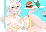  2girls aoba_(kantai_collection) bikini camera drink food green_eyes hamburger iapoc kantai_collection kinugasa_(kantai_collection) long_hair multiple_girls see-through silver_hair swimsuit tray wet wet_clothes 