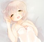  1girl blush breasts cleavage collarbone green_eyes lying okayu_(headless) on_back open_mouth sanya_v_litvyak short_hair silver_hair solo strike_witches 
