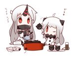  2girls ahoge chibi claws cooking detached_sleeves horn horns kantai_collection long_hair mittens multiple_girls northern_ocean_hime nuu_(nu-nyu) one_eye_closed pale_skin red_eyes seaport_hime shinkaisei-kan sitting stirring translated white_hair 