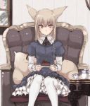  1girl animal_ears armchair cake chair coffee_table cup cushion dress fluffy food fox_ears fox_tail frilled_shirt_collar highres holding_plate juliet_sleeves light_brown_hair lolita_fashion long_sleeves original pantyhose plate puffy_sleeves ribbon saucer sitting slice_of_cake solo tail teacup teapot touma_kisa upscaled violet_eyes white_legwear 