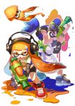  absurdres bike_shorts blue_eyes blue_hair fangs headphones highres inkling long_hair mask orange_eyes orange_hair paint_splatter pointy_ears sachimaa shirt shoes smile sneakers splatoon squid super_soaker tentacle_hair 