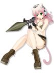  1girl animal_ears bikini bikini_top black_gloves blush boots breasts camouflage camouflage_bikini camouflage_shorts cat_ears cat_tail ganari_ryuu gloves green_eyes headset large_breasts long_hair midriff open_mouth original pink_hair rocket_launcher rpg rpg-7 short_shorts shorts solo super_tama_musume swimsuit tail tamatoys trigger_discipline weapon 