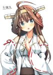  1girl ahoge bare_shoulders blue_eyes blush body_mahattaya_ginga brown_hair detached_sleeves double_bun hairband hand_on_hip headgear kantai_collection kongou_(kantai_collection) long_hair nontraditional_miko open_mouth remodel_(kantai_collection) ribbon-trimmed_sleeves ribbon_trim simple_background solo upper_body white_background 